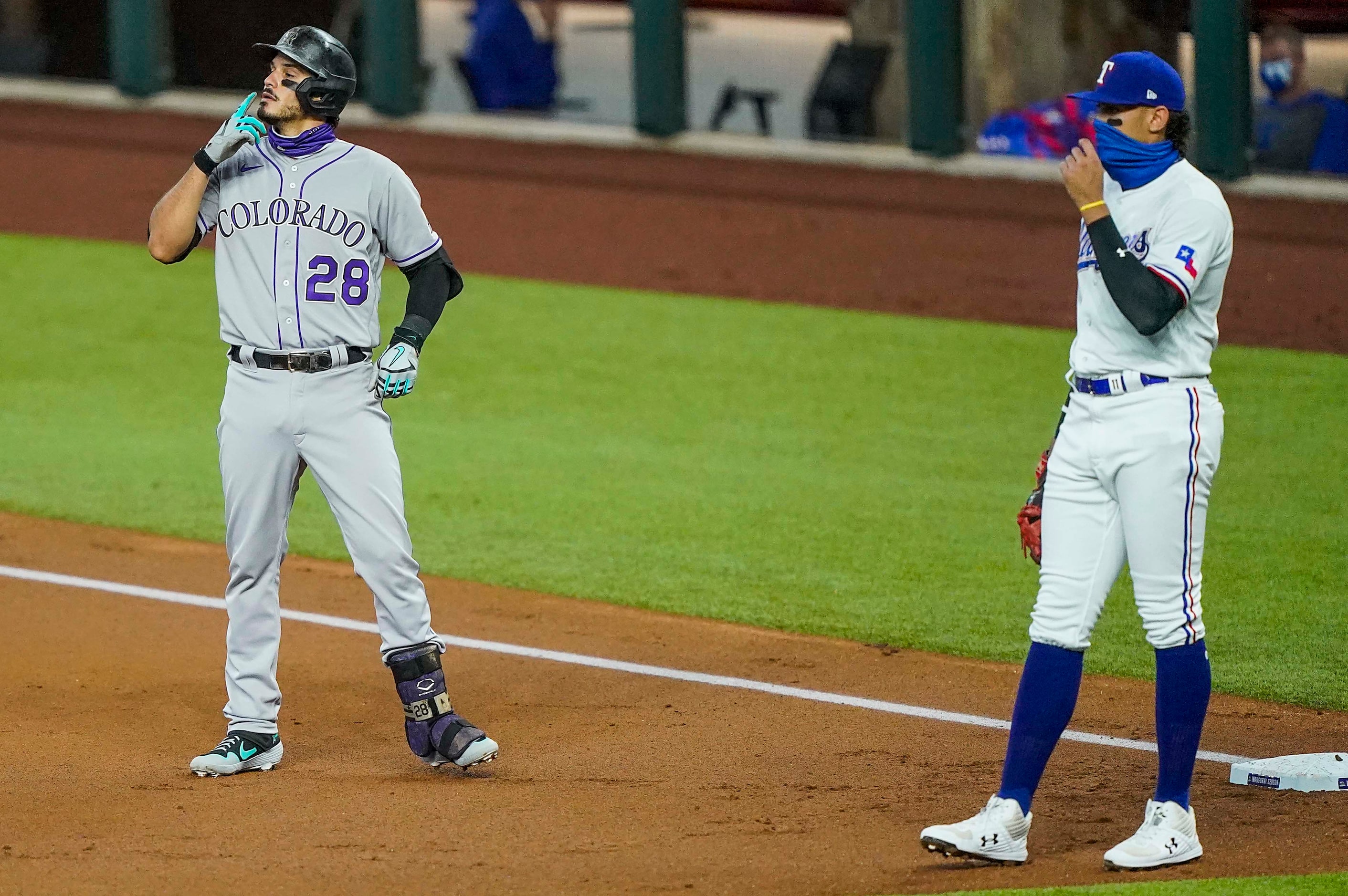 Colorado Rockies third baseman Nolan Arenado celebrates after reaching on a single during...