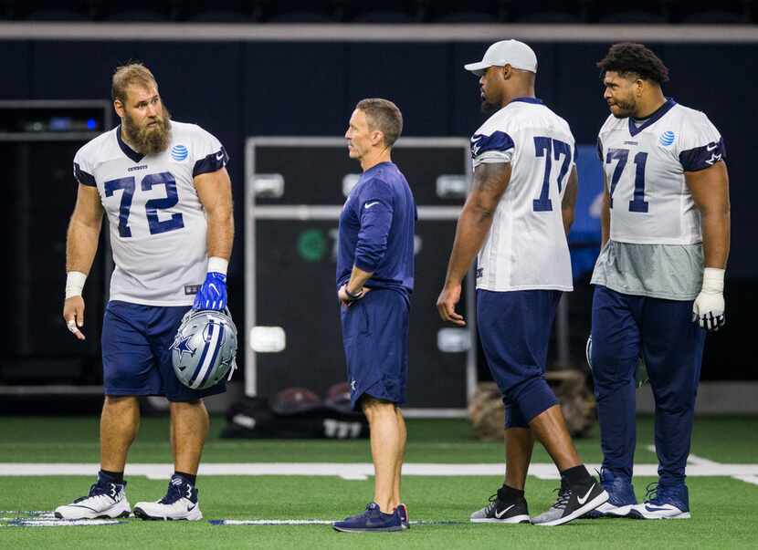 Dallas Cowboys center Travis Frederick (72) talks with offensive tackle Tyron Smith (77) and...