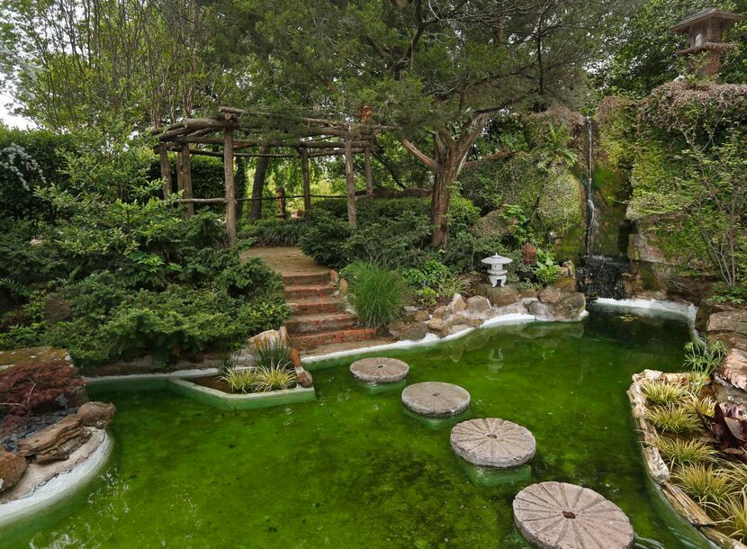 
The stepping stones across a small pond look like lily pads.
