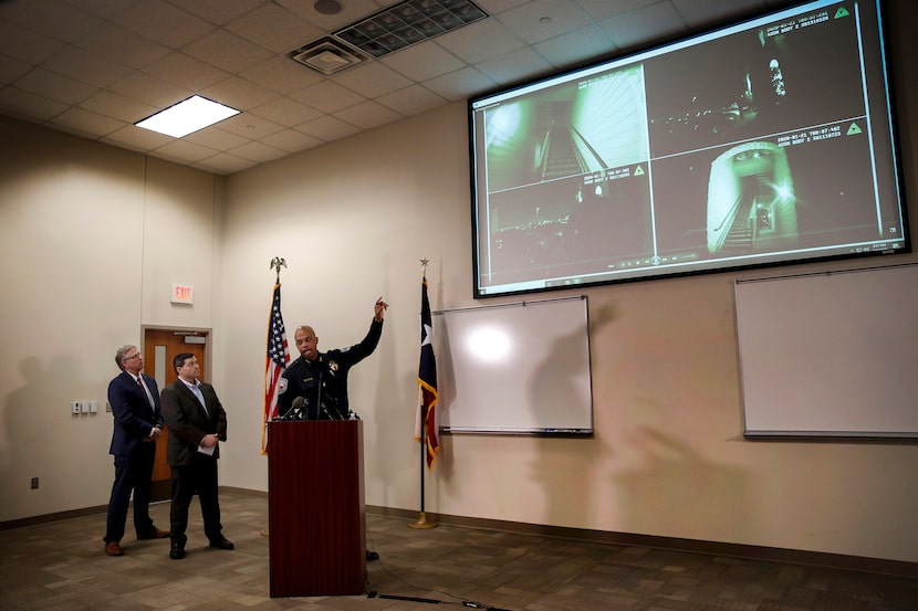 Denton Mayor Chris Watts, left, and City Manager Todd Hileman, center, and Police Chief...