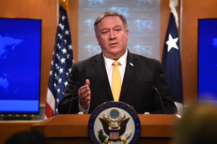 Secretary of State Mike Pompeo speaks at a news conference in the State Department in...