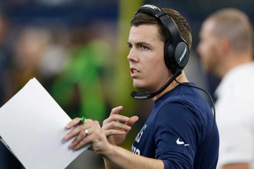 Dallas Cowboys offensive coordinator Kellen Moore on the sideline during the second half of...