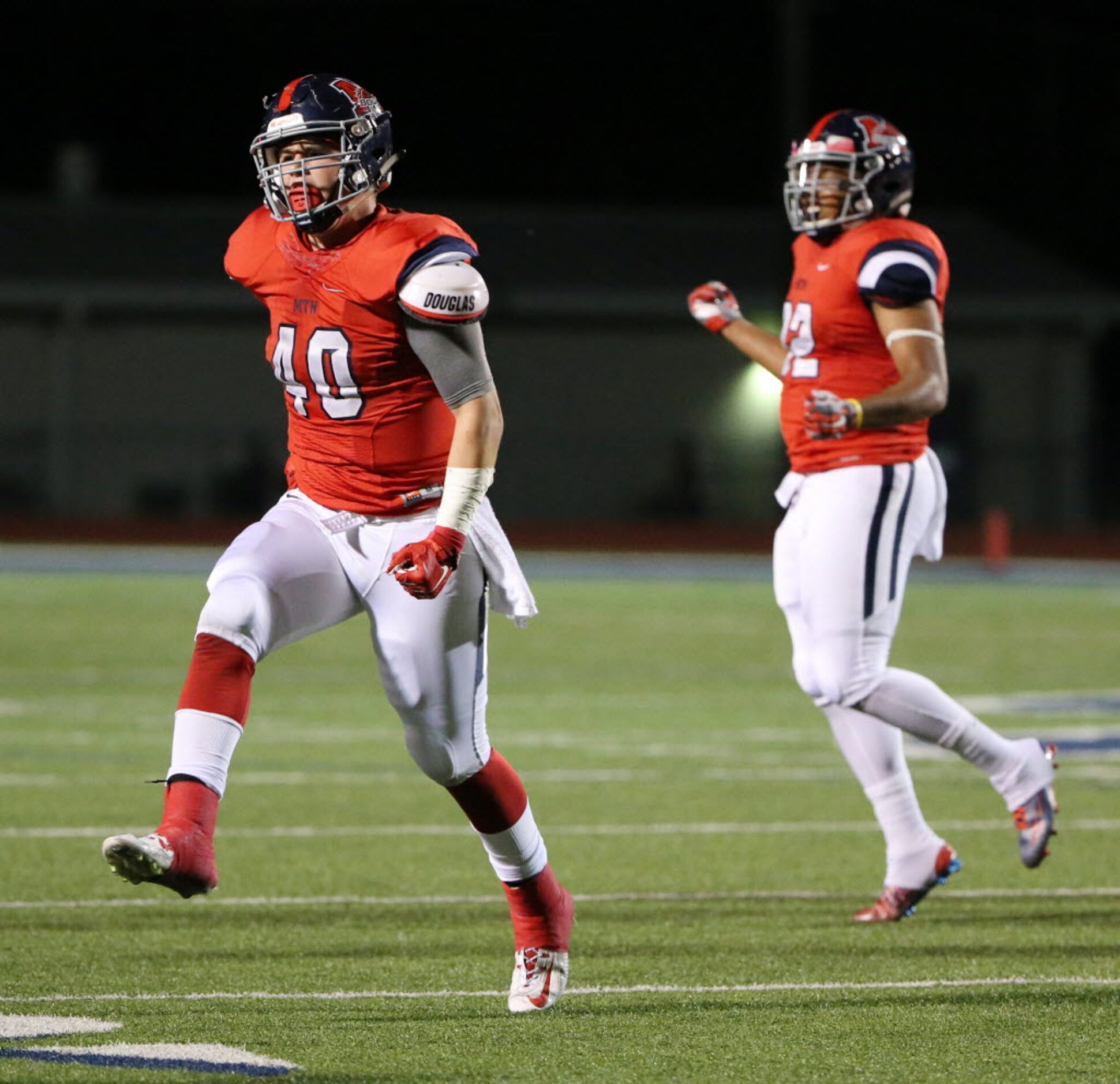 McKinney Boyd linebacker Braydon Webb (40) celebrates after a sack on Plano East quarterback...