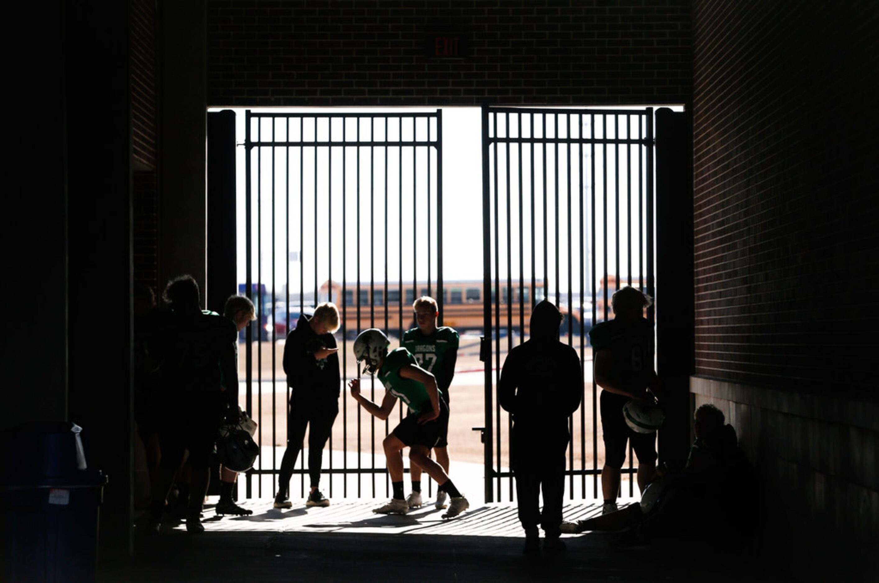 Southlake Carroll players get ready prior to a Class 6A Division I Region I high school...