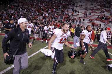 Texas Tech wide receiver Ian Sadler (12) celebrates after an NCAA college football game...