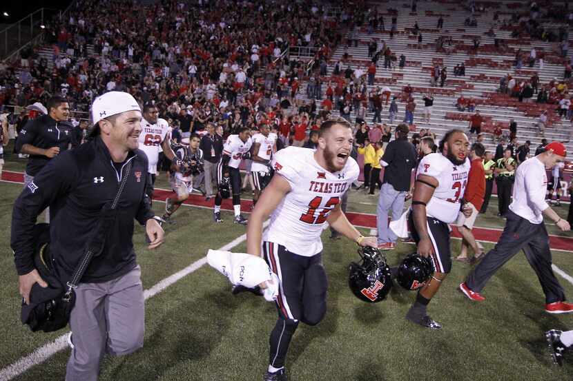 Texas Tech wide receiver Ian Sadler (12) celebrates after an NCAA college football game...