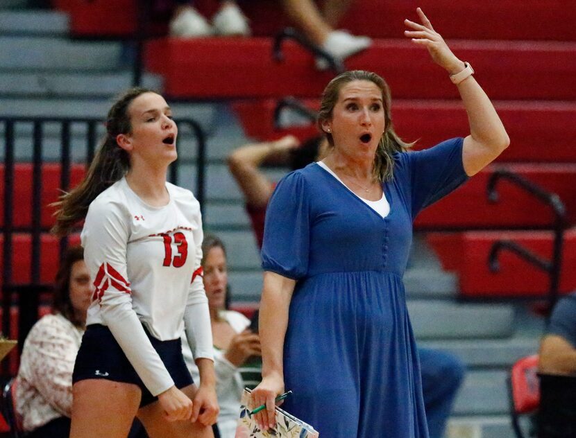 McKinney Boyd High School head coach J.J. Castillo reacts to a ball landing out of bounds...