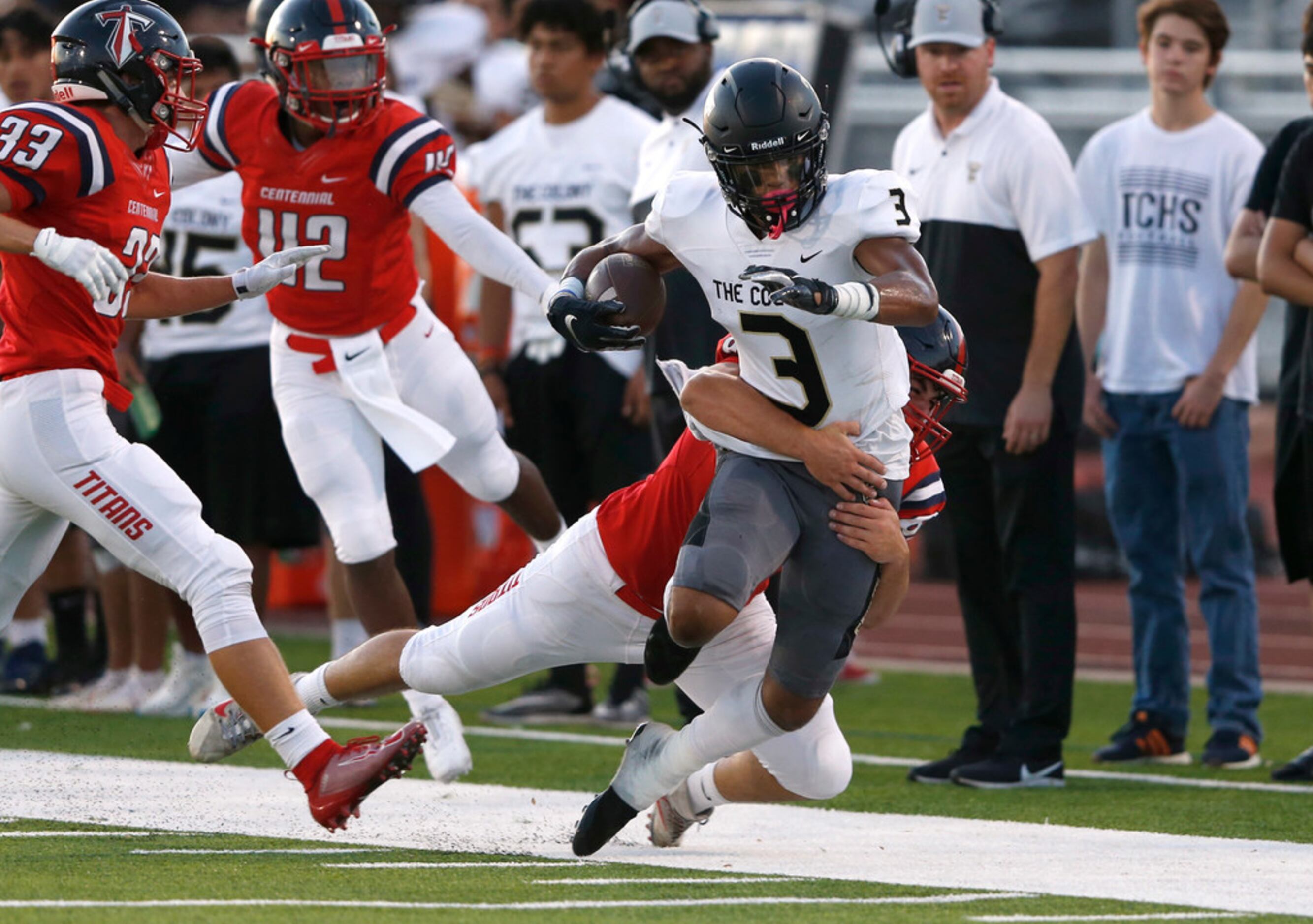 The Colony's Christian Gonzalez (3) runs up the field as Centennial's Diego West (66)...