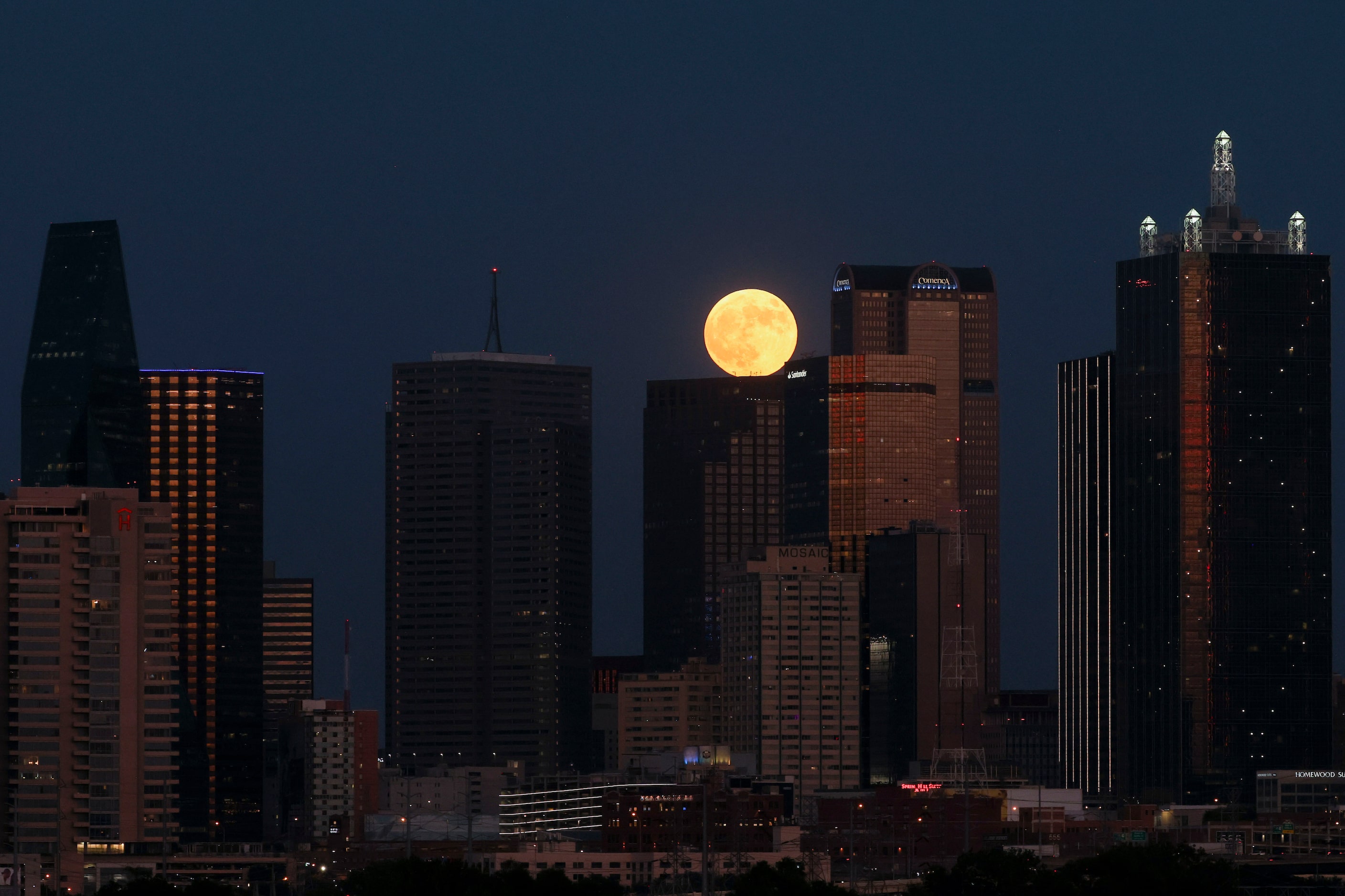 A full super harvest moon rises behind the Dallas skyline, on Tuesday, Sept. 17, 2024. 