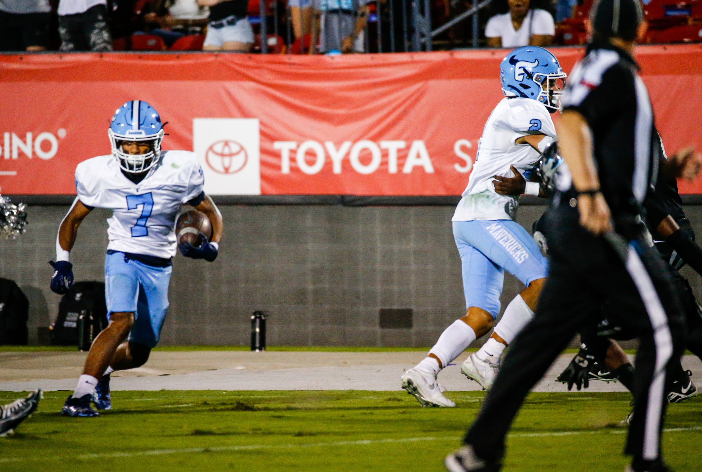 Emerson Mavericks wide receiver Jayson Williams (7) moves the ball down the field during the...