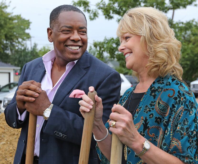 Plano Mayor Harry LaRosiliere talks with Emily's Place CEO Lori Conley during the...