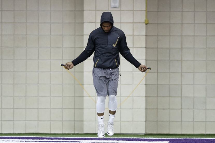 TCU's Trevone Boykin uses a jumprope before position drills during Pro Day at TCU in Fort...