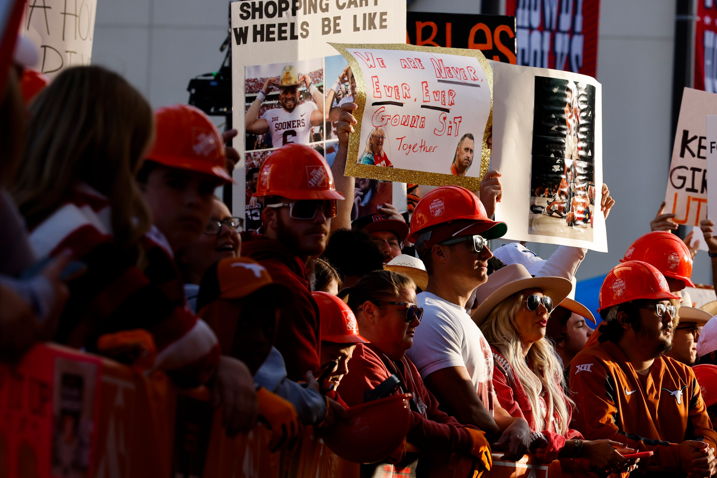 Fans gather ahead of the Red River Showdown outside of the Cotton Bowl for ESPN Game Day, on...