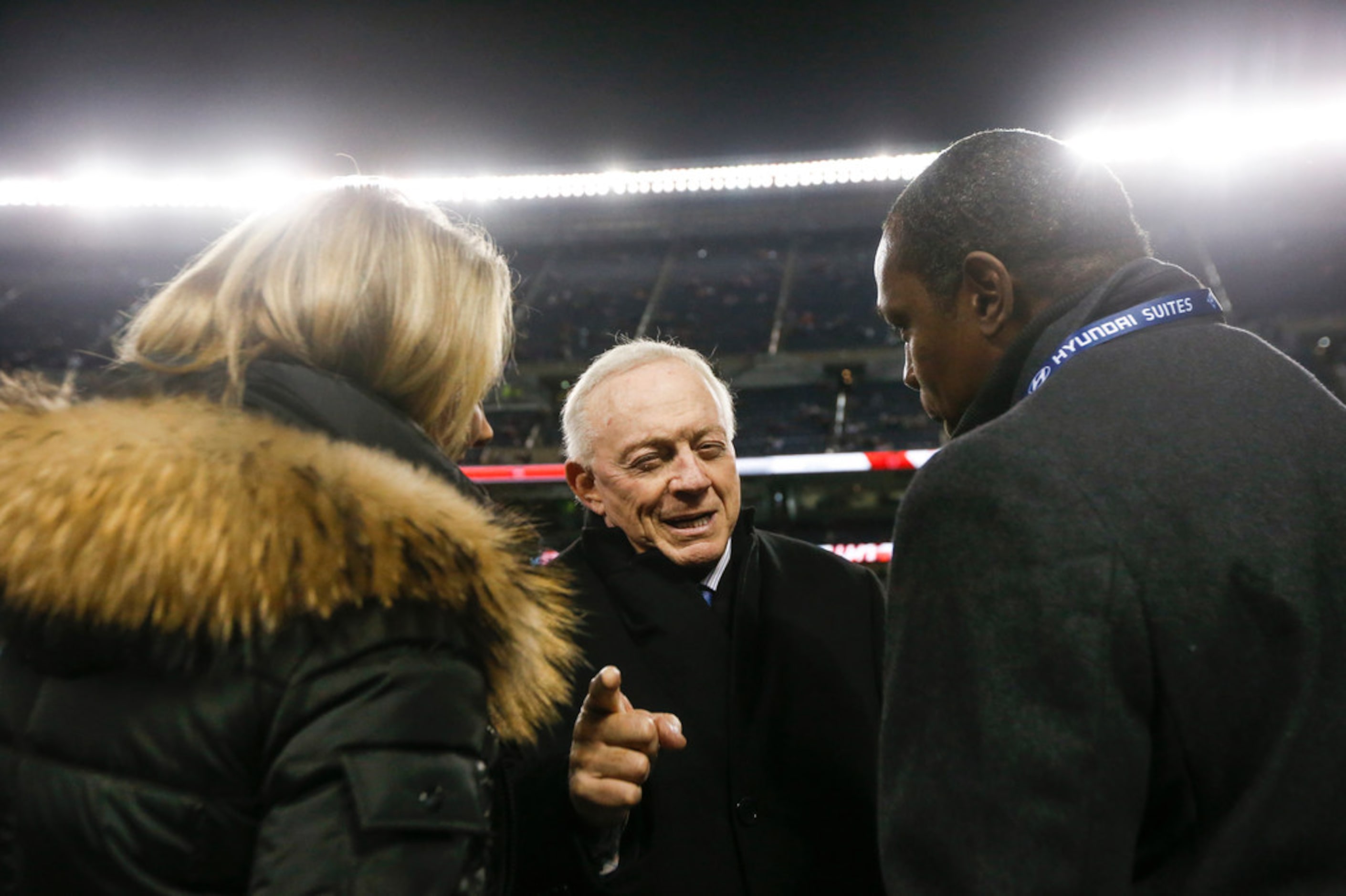 Dallas Cowboys owner Jerry Jones speaks with people on the sidelines prior to a NFL matchup...