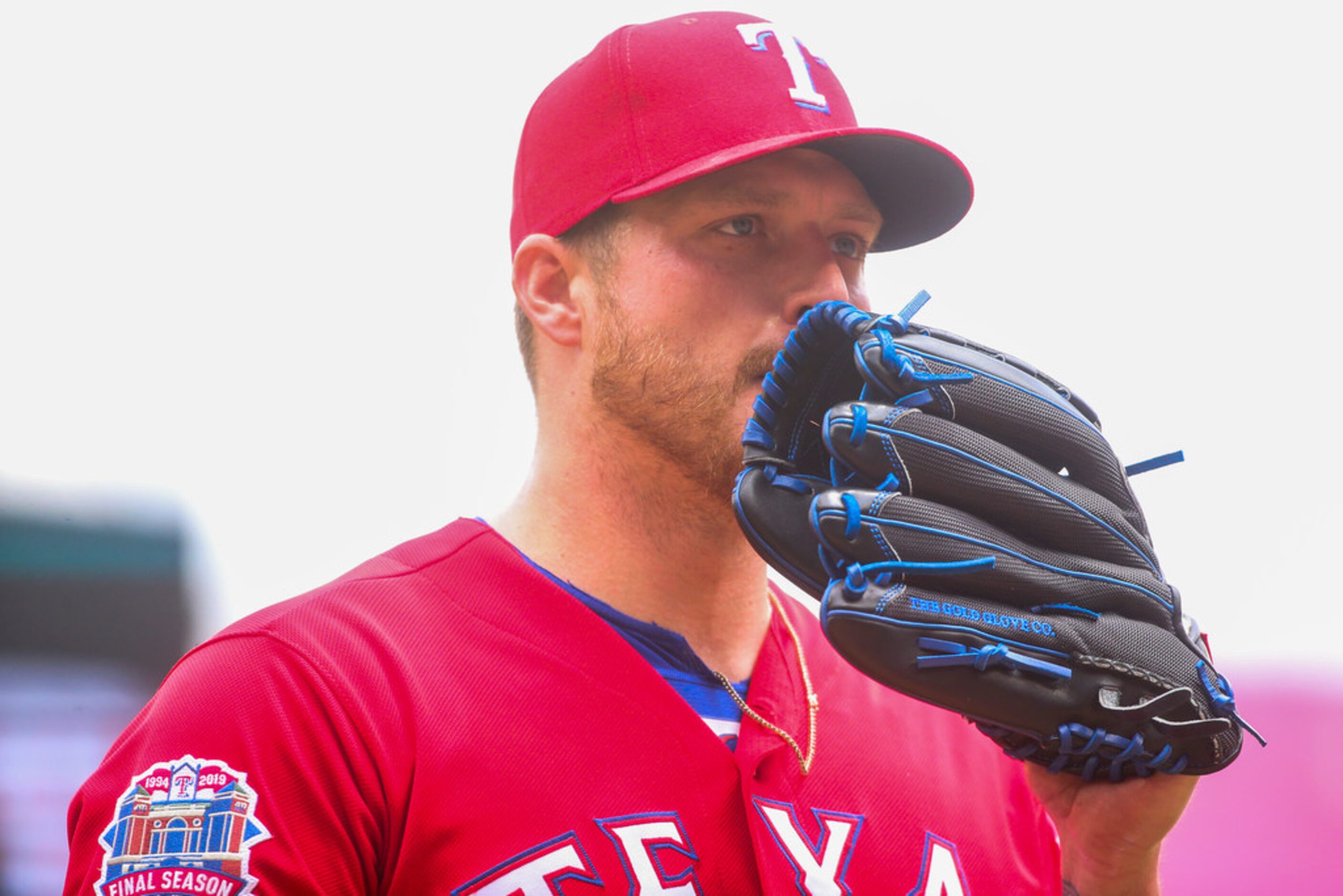 Texas Rangers starting pitcher Shelby Miller (19) walks back to the dugout after pitching...