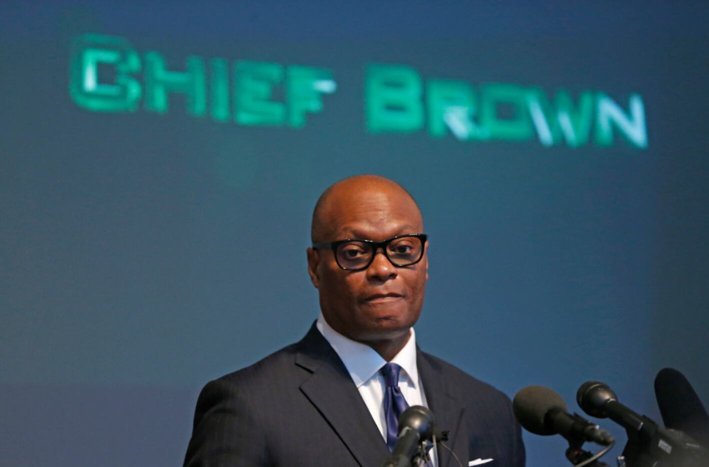 Chief David Brown speaks during a press conference at the Dallas Police Department...