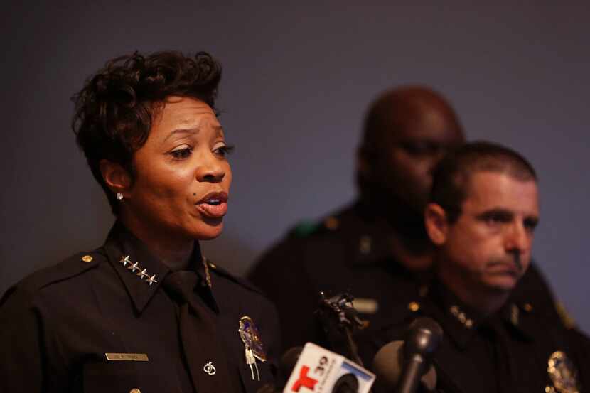 Dallas Police Chief U. Renee Hall speaks at a press conference, following an...