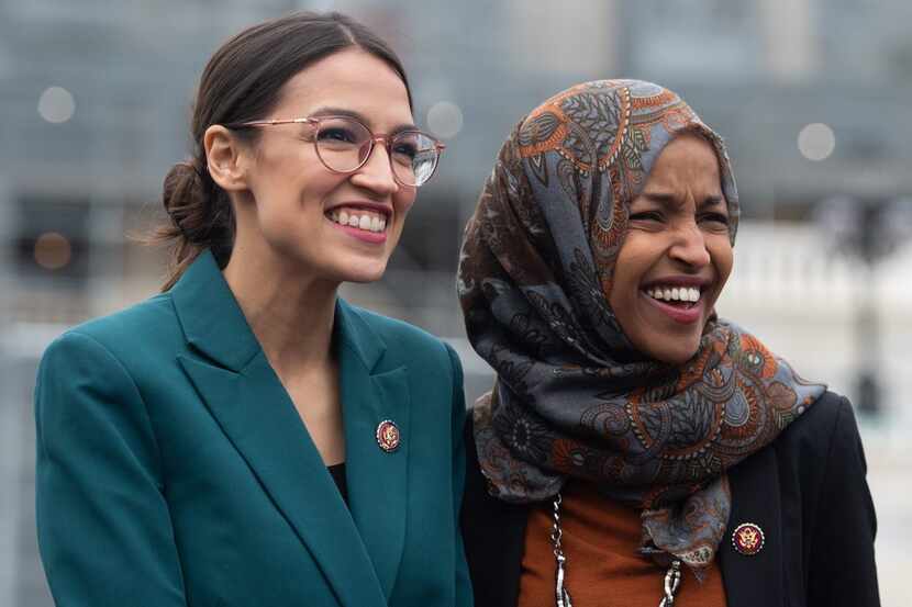 In this photo taken on February 7, 2019 Rep. Alexandria Ocasio-Cortez, D-N.Y., and Rep....