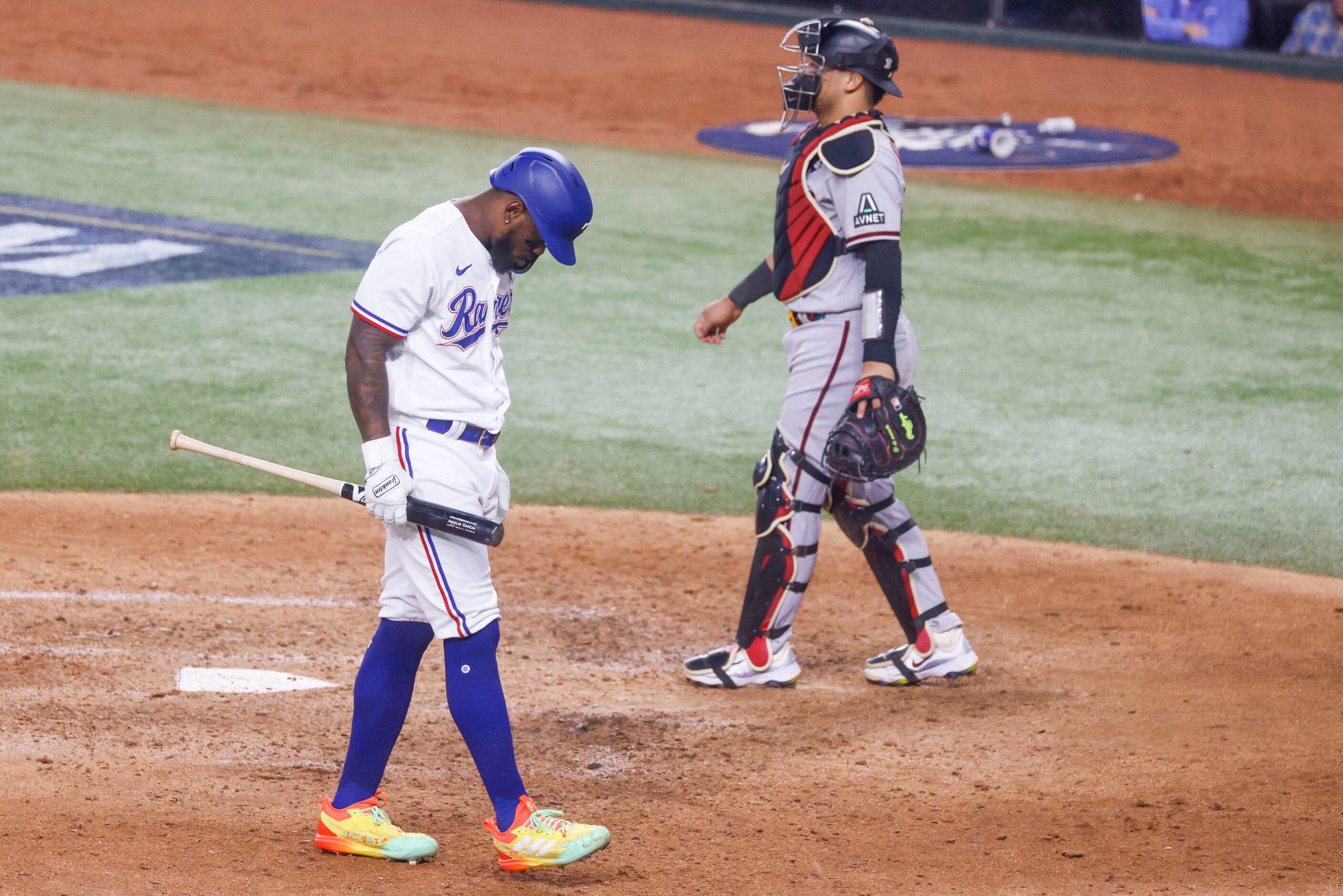 Texas Rangers’ Adolis Garcia reacts during the ninth inning in Game 2 of the World Series...