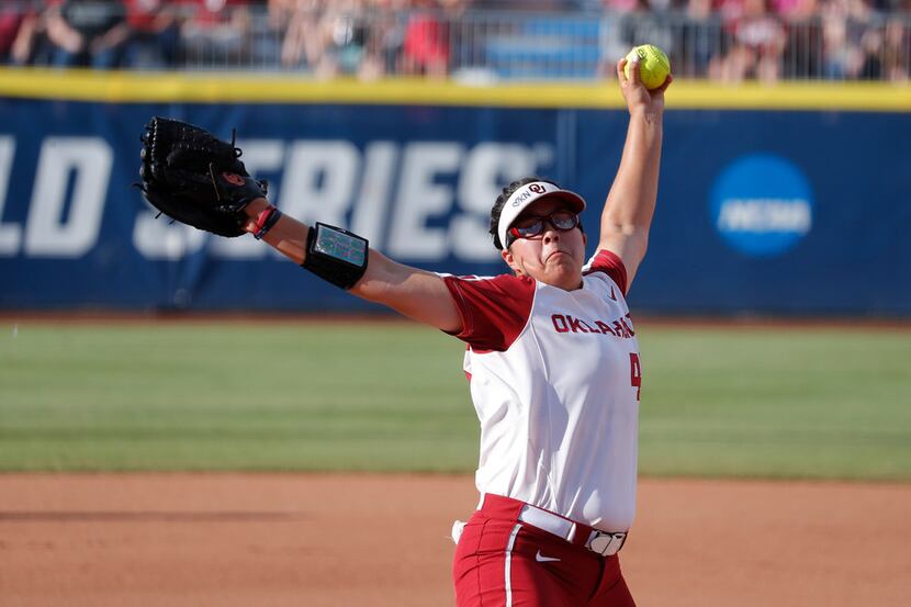 Oklahoma's Shannon Saile pitches against UCLA in the first inning of the first game of the...