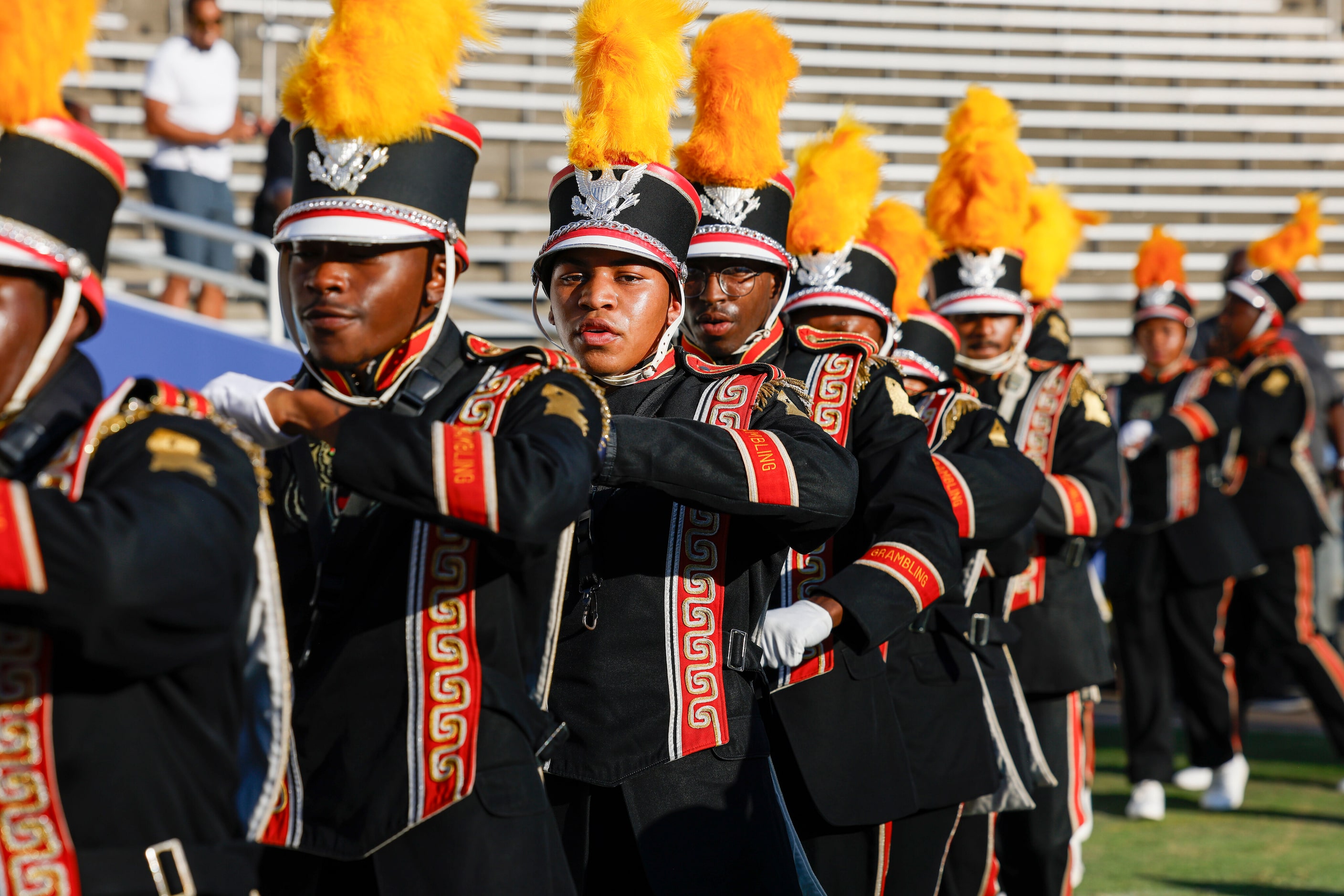 The Grambling State marching band enters the Cotton Bowl before the State Fair Classic...