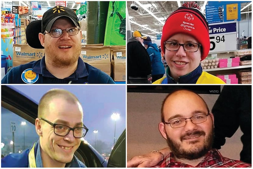 This combination of images shows Walmart greeters, clockwise from top left, John Combs in...