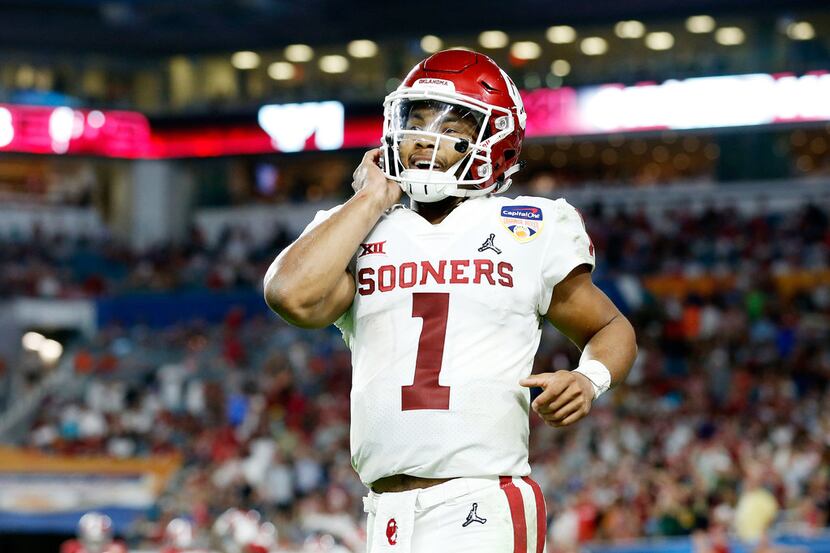 MIAMI, FL - DECEMBER 29:  Kyler Murray #1 of the Oklahoma Sooners reacts after the play in...