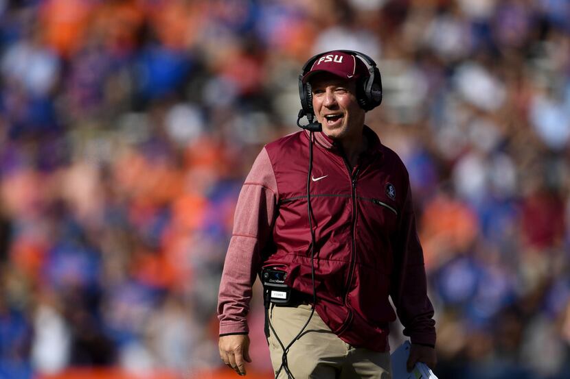 GAINESVILLE, FL - NOVEMBER 25: Head coach Jimbo Fisher of the Florida State Seminoles reacts...