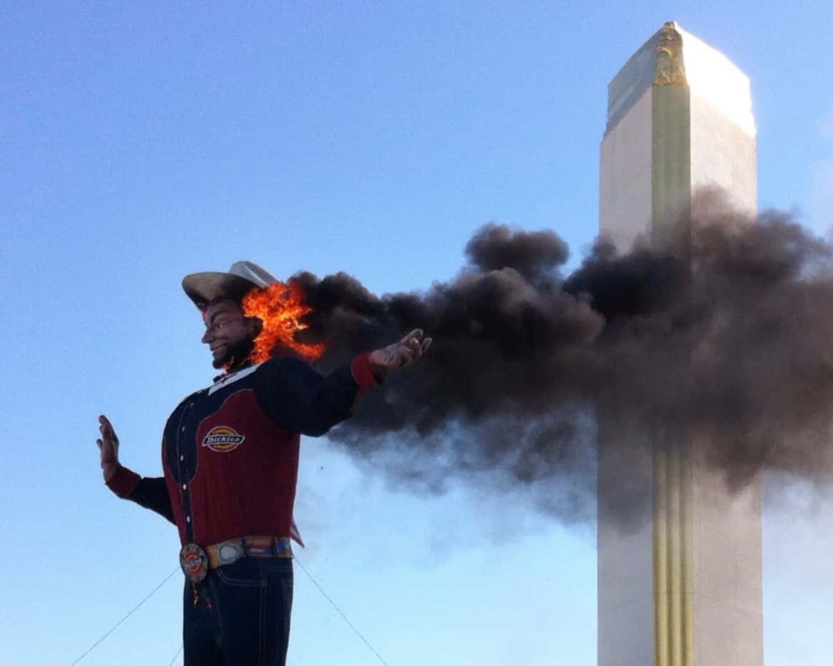 2012 Big Tex on fire at the State Fair of Texas, in Fair Park, Friday morning, Oct. 19, 2012...