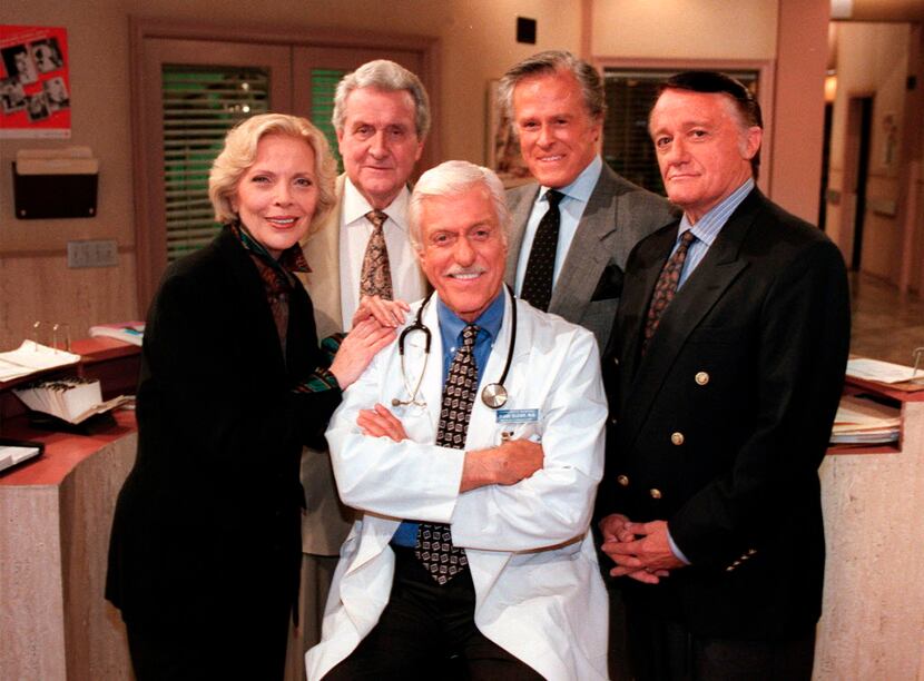 FILE - In this Oct. 16, 1997 file photo, Dick Van Dyke, center, poses with his guest stars,...