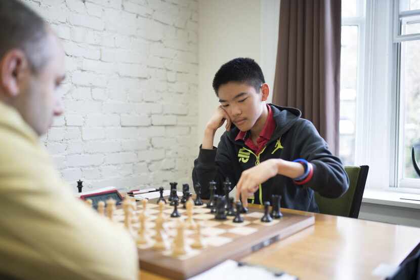 GMs Varuzhan Akobian (Left) and Jeffery Xiong at the U.S. Chess Championship in 2016. Photo...