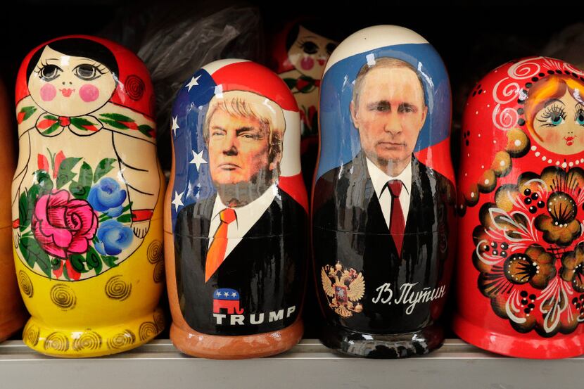 In this Monday, Feb. 20, 2017 traditional Russian wooden dolls called Matryoshka depicting...
