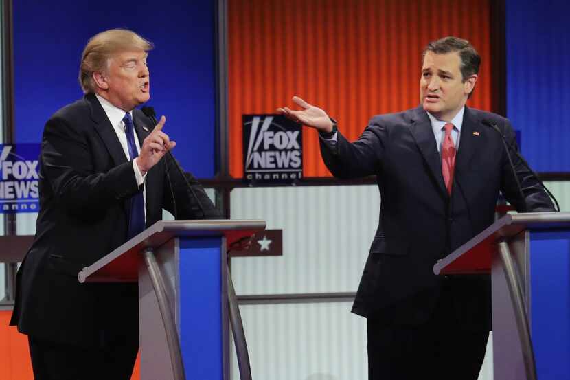 Republican presidential candidates (Lto R) Donald Trump and Sen. Ted Cruz (R-TX) participate...