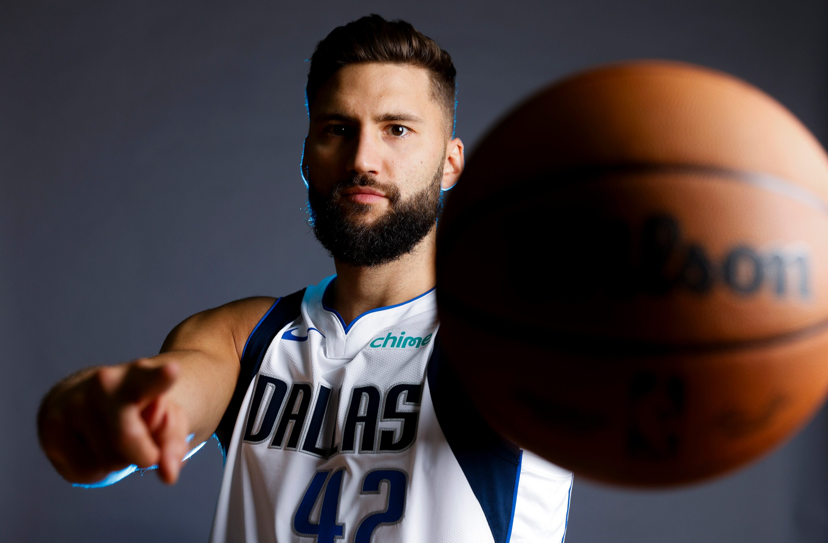 Dallas Mavericks’ Maxi Kleber poses for a photo during the media day on Friday, Sept. 29,...