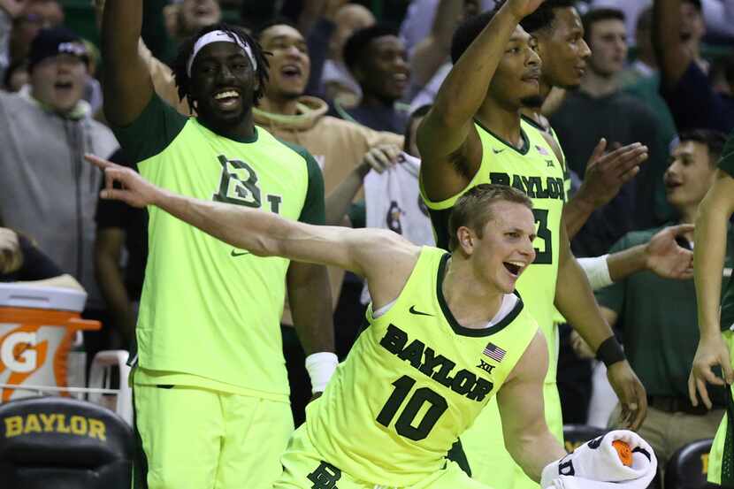 Baylor guard Makai Mason (10) reacts to a score against TCU in the second half of an NCAA...