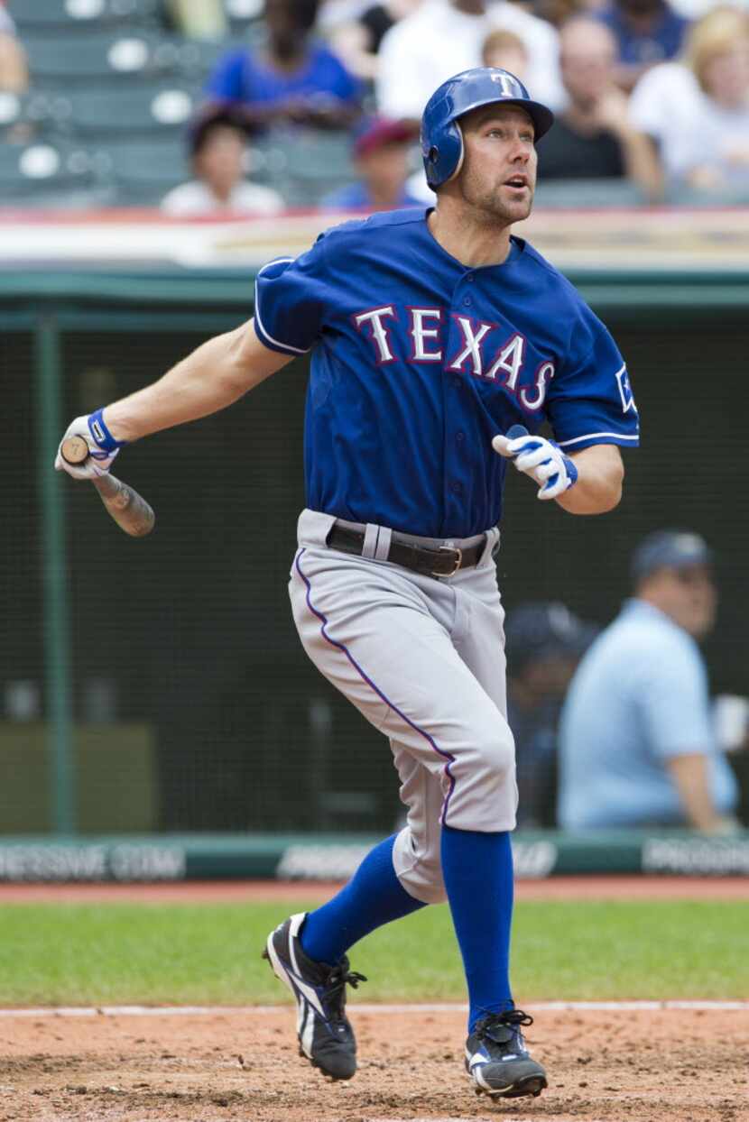 CLEVELAND, OH - SEPTEMBER 2: David Murphy #7 of the Texas Rangers hits the third consecutive...
