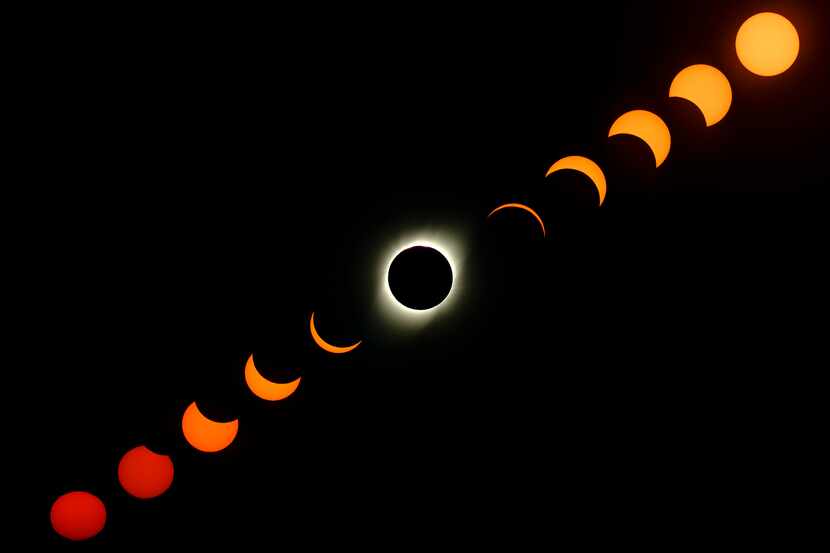 Composite of eleven photos of a total solar eclipse on Tuesday, July 2, 2019, in La Serena,...