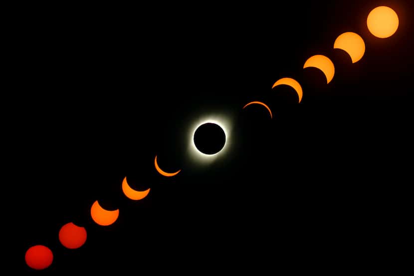 Composite of eleven photos of a total solar eclipse on Tuesday, July 2, 2019, in La Serena,...
