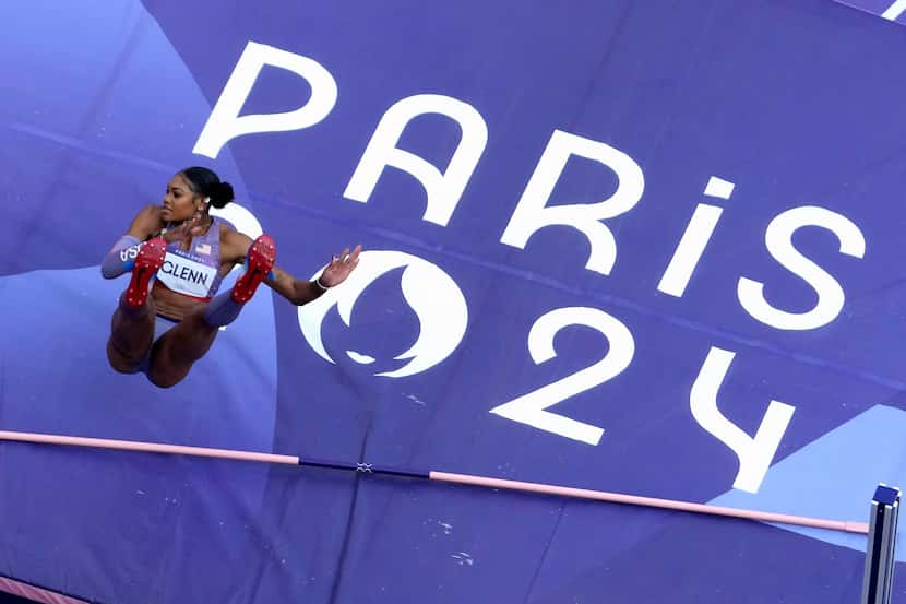 Rachel Glenn, of the United States, misses an attempt during the women's high jump...