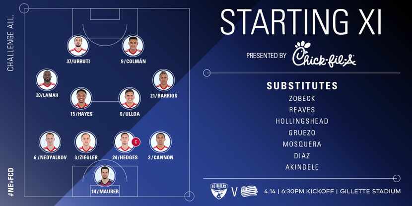 The FC Dallas starting XI at New England. (4-14-18)