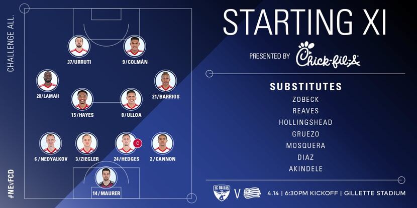 The FC Dallas starting XI at New England. (4-14-18)