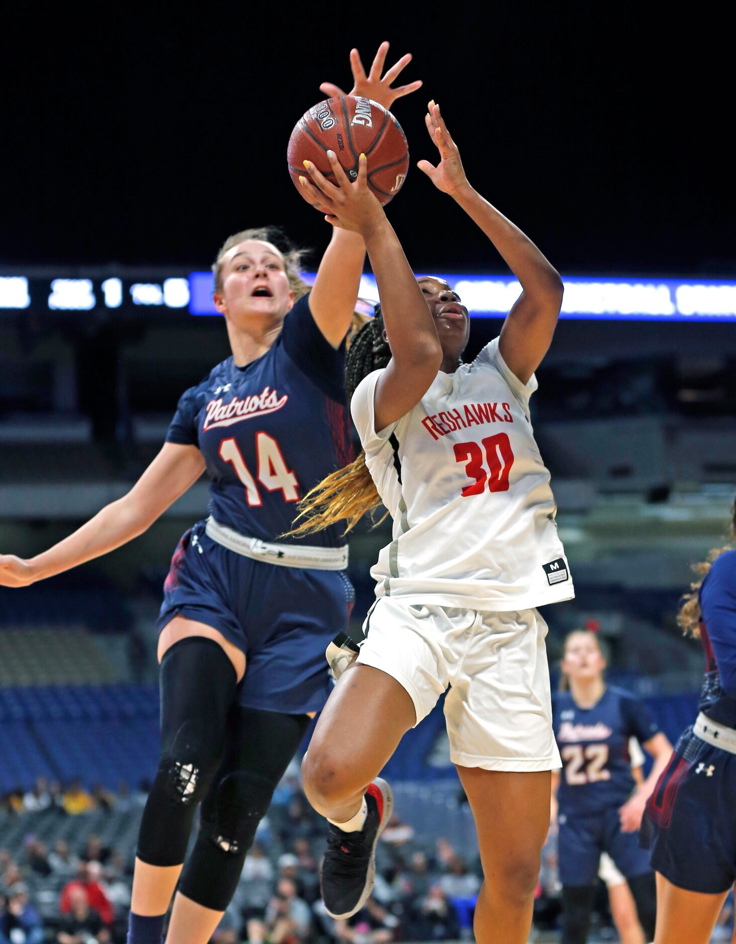 Frisco Liberty guard Jazzy Owens-Barnet #30 has her shot blocked by Veterans Memorial guard...