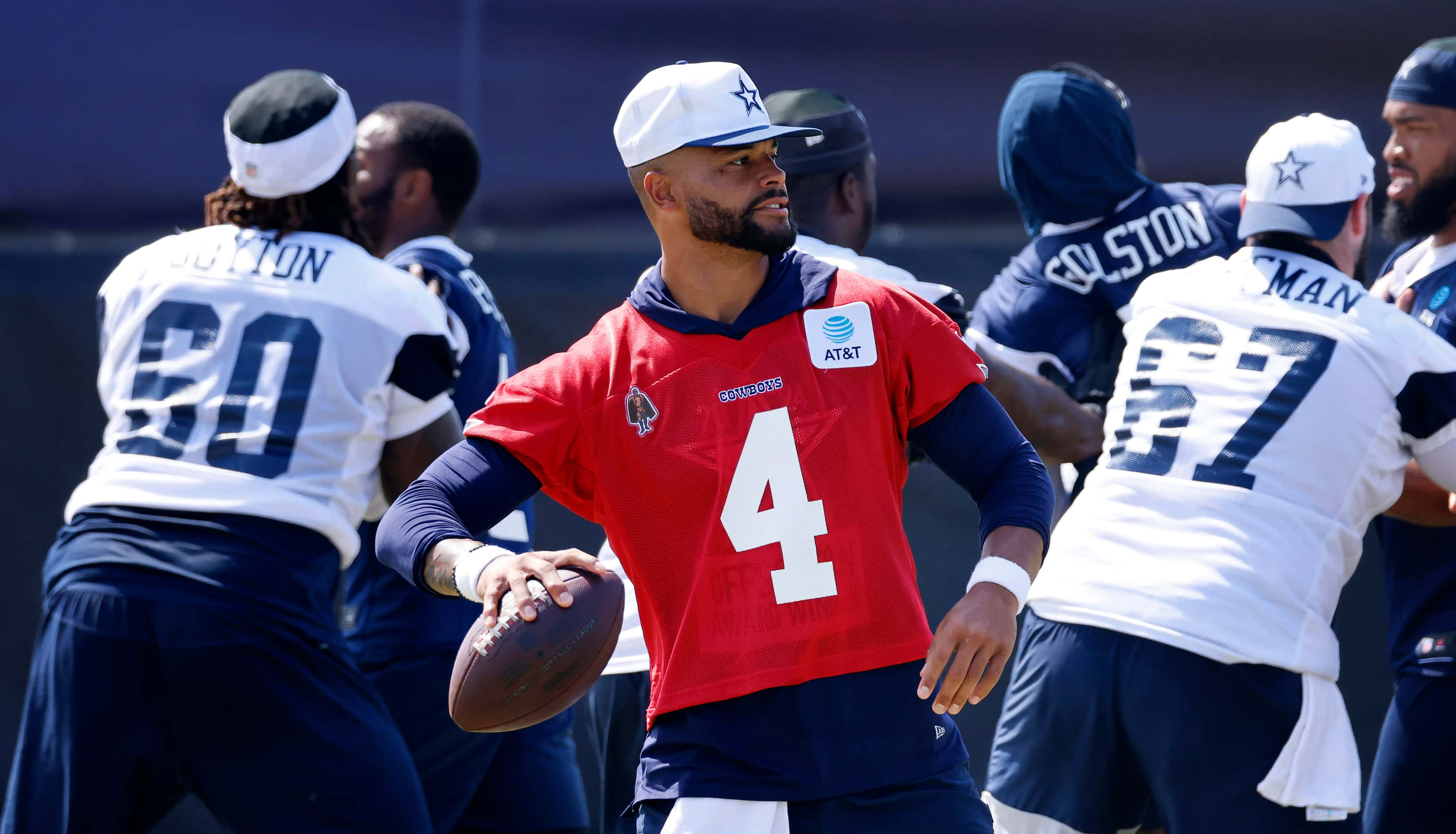 Dallas Cowboys quarterback Dak Prescott (4) looks downfield for a receiver during a mock...