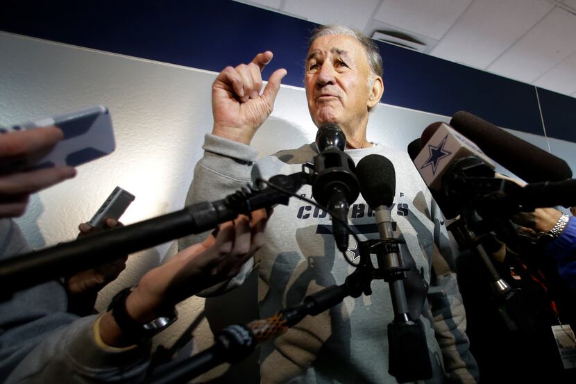 Cowboys defensive coordinator Monte Kiffin gestures as he responds to a question during an...