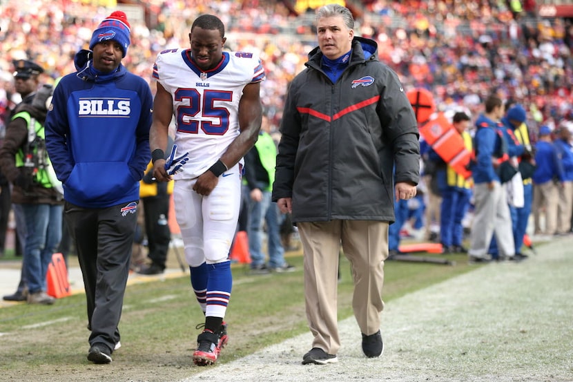 Running back LeSean McCoy #25 of the Buffalo Bills walks off of the field in the third...