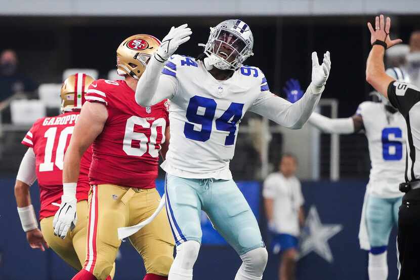 Dallas Cowboys defensive end Randy Gregory (94) reacts after a call went against the Cowboys...