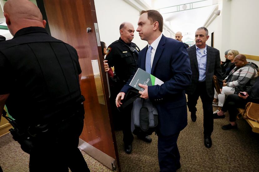 Aaron Dean arrives at the 396th District Court for closing arguments on Wednesday, Dec. 14,...