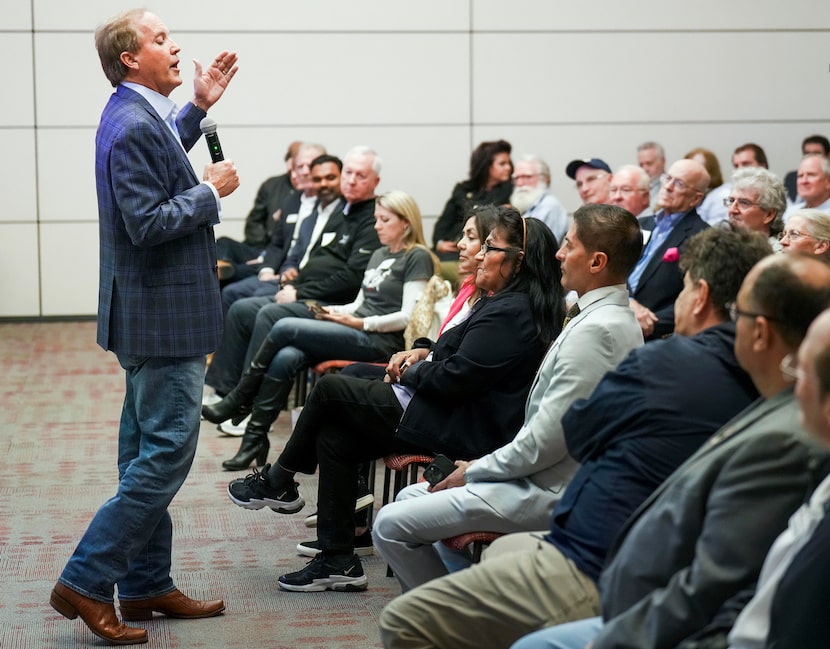 Texas Attorney General Ken Paxton addresses Collin County Republicans on behalf of Texas...