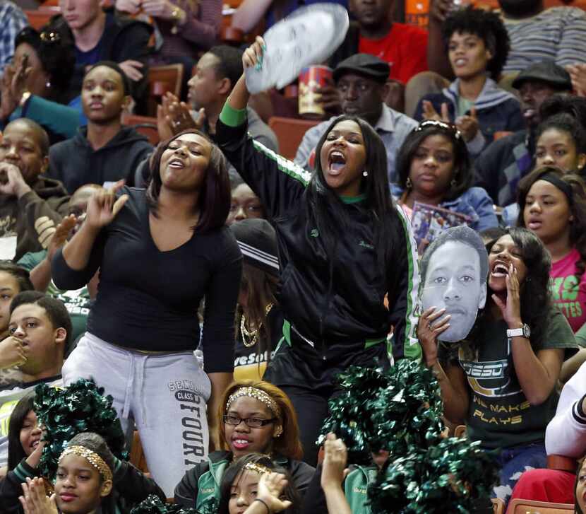 Fans cheer for DeSoto during the first half of their boys basketball Class 5A state...