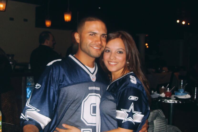 Javier Ortiz Rivera wears the jersey of his favorite Cowboys player, Tony Romo, as he poses...